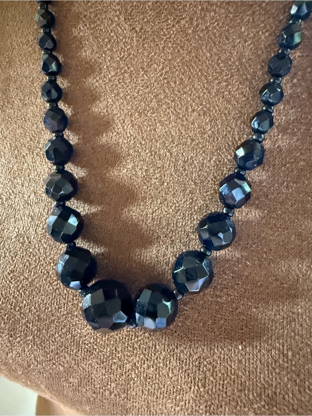 Vintage Art Deco or MCM Black Glass Faceted and Graduated Bead Necklace